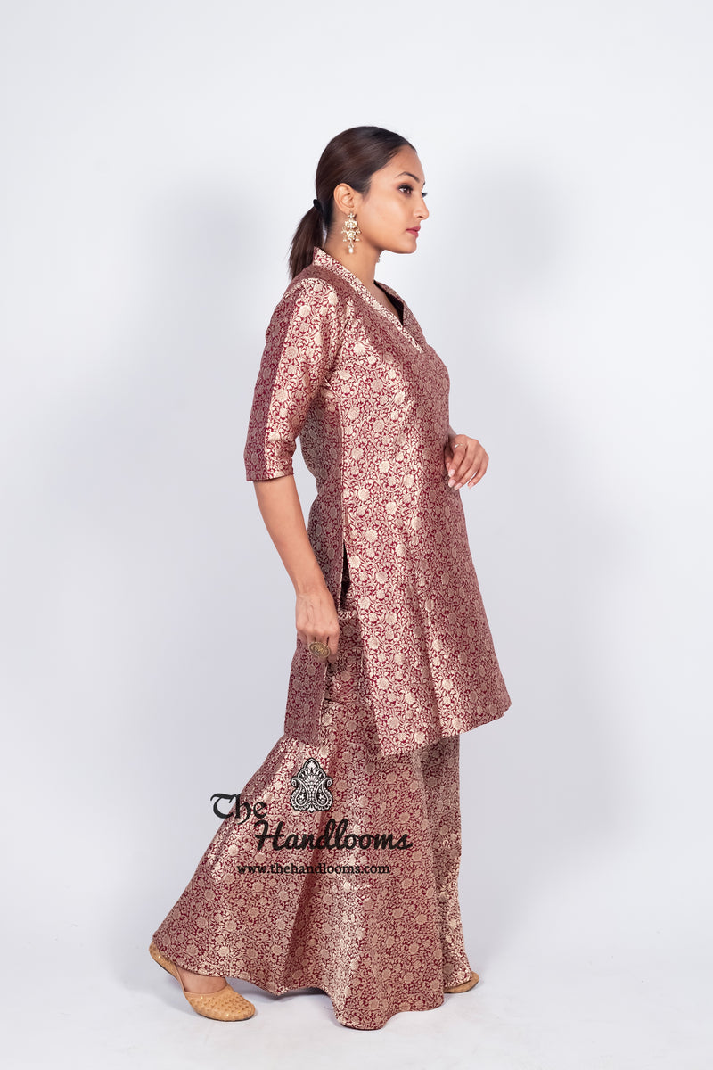 Maroon Pure Katan Silk Brocade Kurta with Sharara - The Handlooms