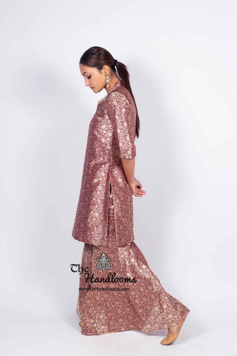 Maroon Pure Katan Silk Brocade Kurta with Sharara - The Handlooms
