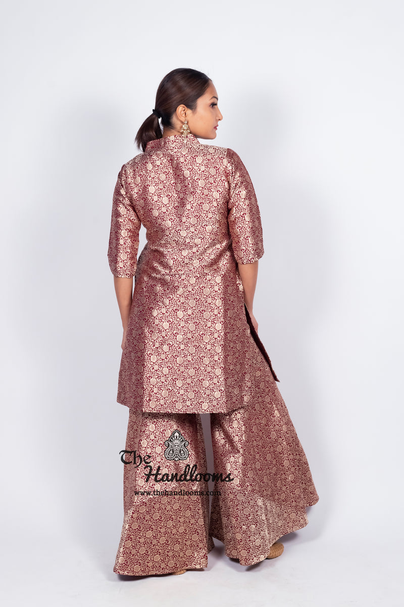 Maroon Pure Katan Silk Brocade Kurta with Sharara - The Handlooms