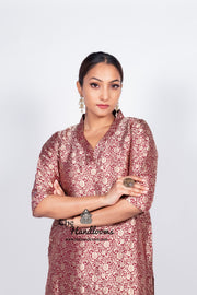 Maroon Pure Katan Silk Brocade Kurta with Sharara - The Handlooms
