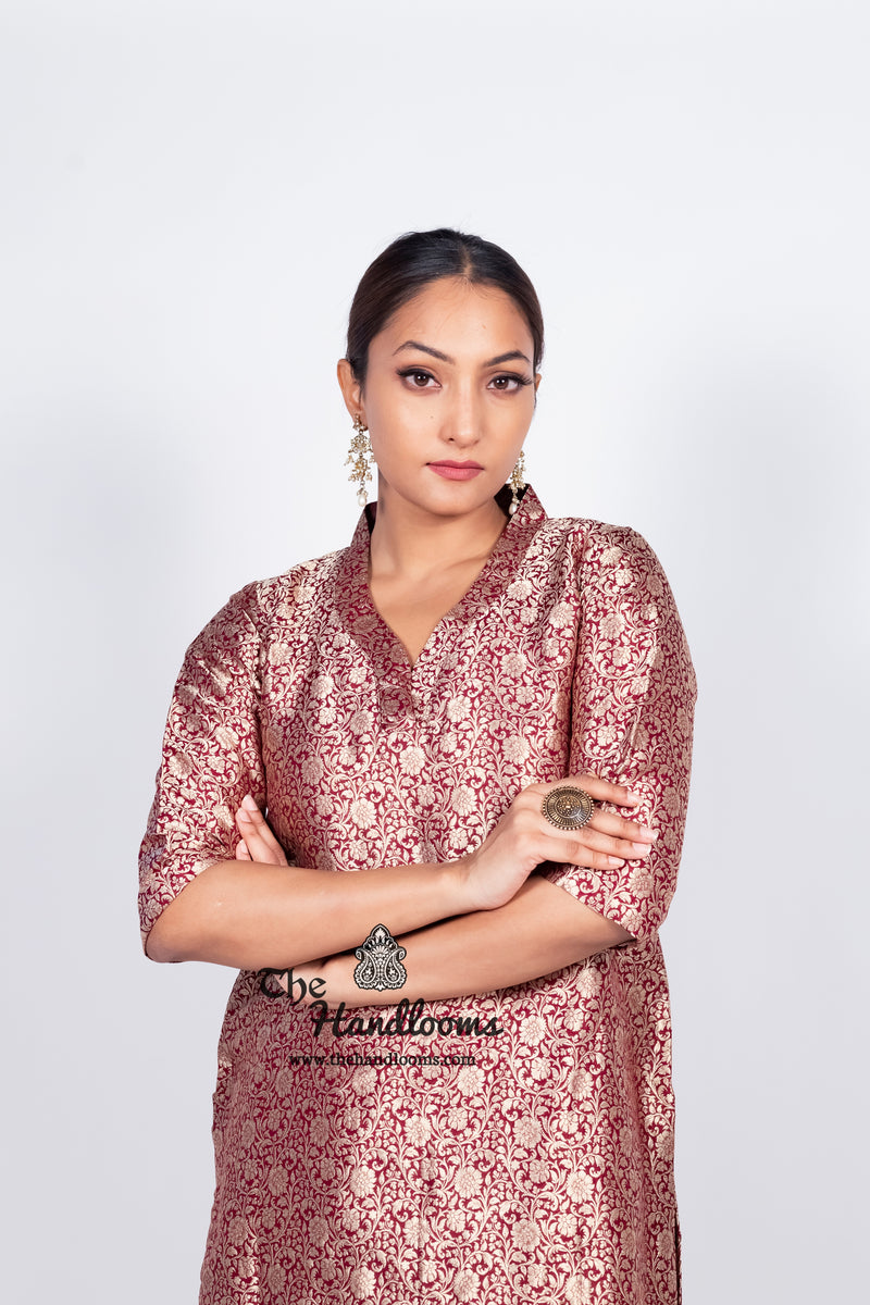 Maroon Pure Katan Silk Brocade Kurta with Sharara - The Handlooms