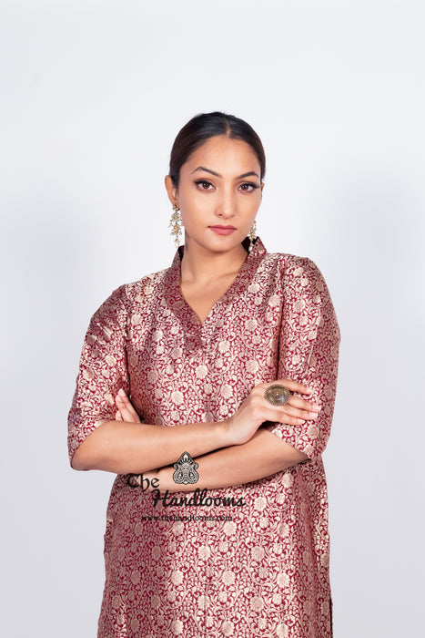 Maroon Pure Katan Silk Brocade Kurta with Sharara