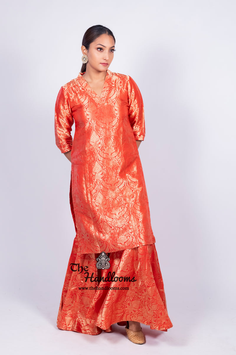 Red Pure Katan Silk Brocade Kurta with Sharara - The Handlooms
