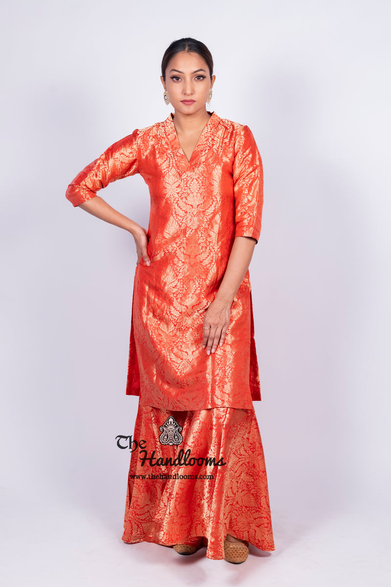 Red Pure Katan Silk Brocade Kurta with Sharara - The Handlooms