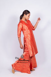 Red Pure Katan Silk Brocade Kurta with Sharara - The Handlooms