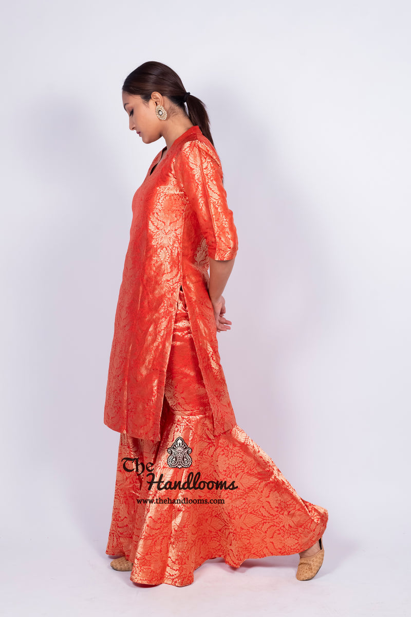 Red Pure Katan Silk Brocade Kurta with Sharara - The Handlooms