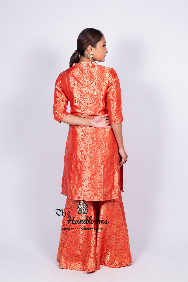 Red Pure Katan Silk Brocade Kurta with Sharara - The Handlooms