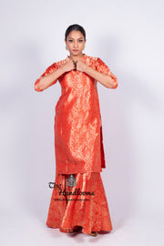 Red Pure Katan Silk Brocade Kurta with Sharara - The Handlooms