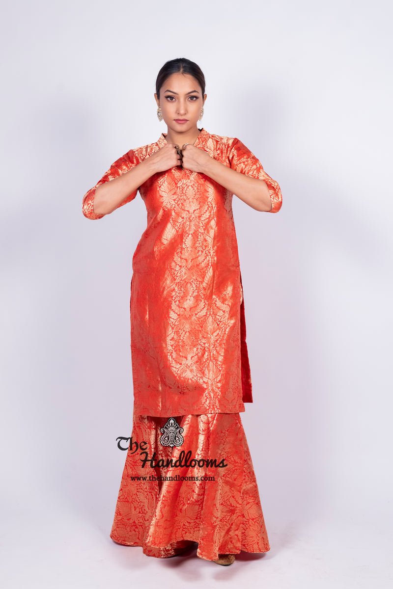 Red Pure Katan Silk Brocade Kurta with Sharara - The Handlooms