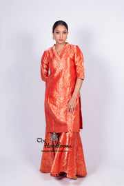 Red Pure Katan Silk Brocade Kurta with Sharara - The Handlooms