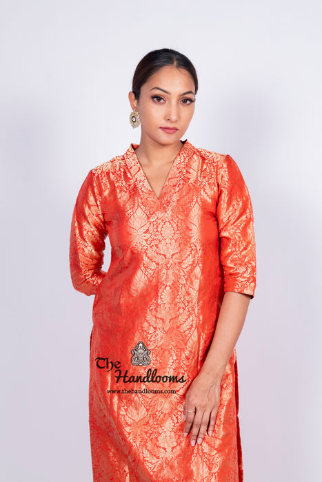 Red Pure Katan Silk Brocade Kurta with Sharara