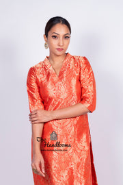 Red Pure Katan Silk Brocade Kurta with Sharara - The Handlooms