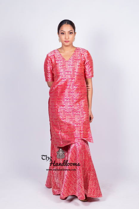 Hot Pink Pure Katan Silk Brocade Kurta with Sharara