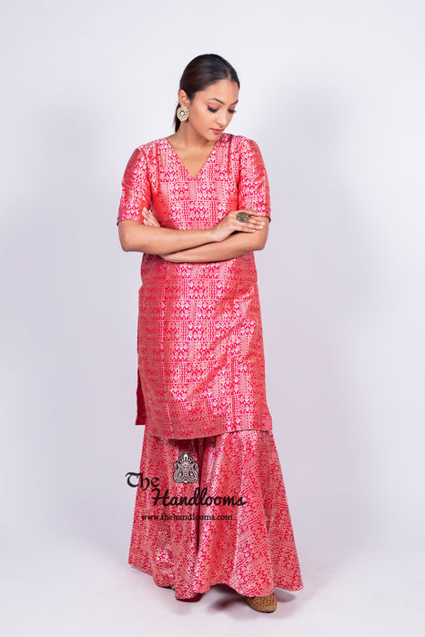 Hot Pink Pure Katan Silk Brocade Kurta with Sharara