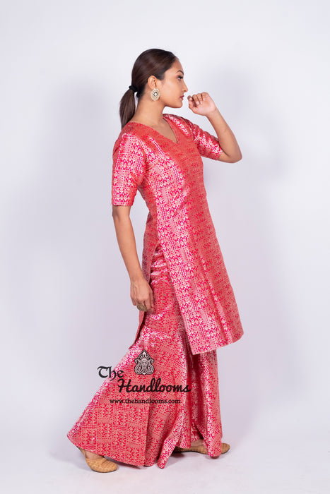 Hot Pink Pure Katan Silk Brocade Kurta with Sharara