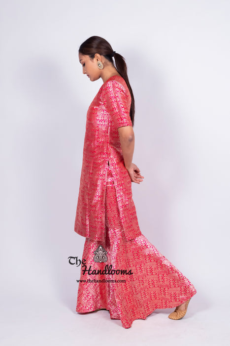 Hot Pink Pure Katan Silk Brocade Kurta with Sharara