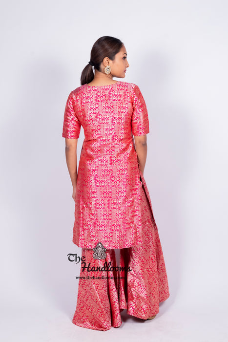 Hot Pink Pure Katan Silk Brocade Kurta with Sharara