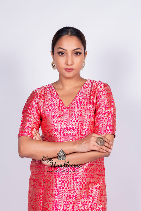 Hot Pink Pure Katan Silk Brocade Kurta with Sharara