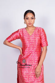 Hot Pink Pure Katan Silk Brocade Kurta with Sharara - The Handlooms