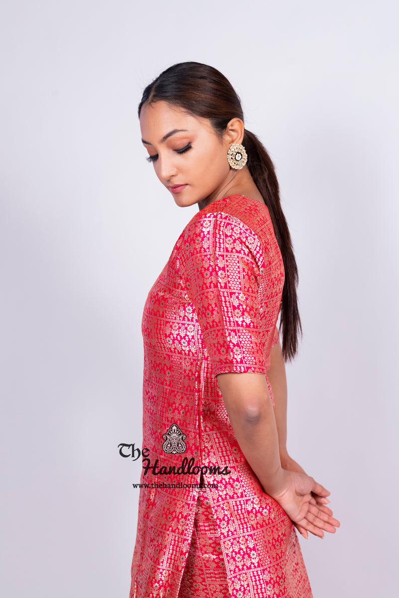 Hot Pink Pure Katan Silk Brocade Kurta with Sharara - The Handlooms
