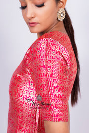 Hot Pink Pure Katan Silk Brocade Kurta with Sharara - The Handlooms