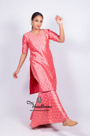 Hot Pink Pure Khaddi Georgette Brocade Kurta with Sharara - The Handlooms