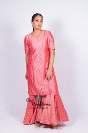 Hot Pink Pure Khaddi Georgette Brocade Kurta with Sharara - The Handlooms