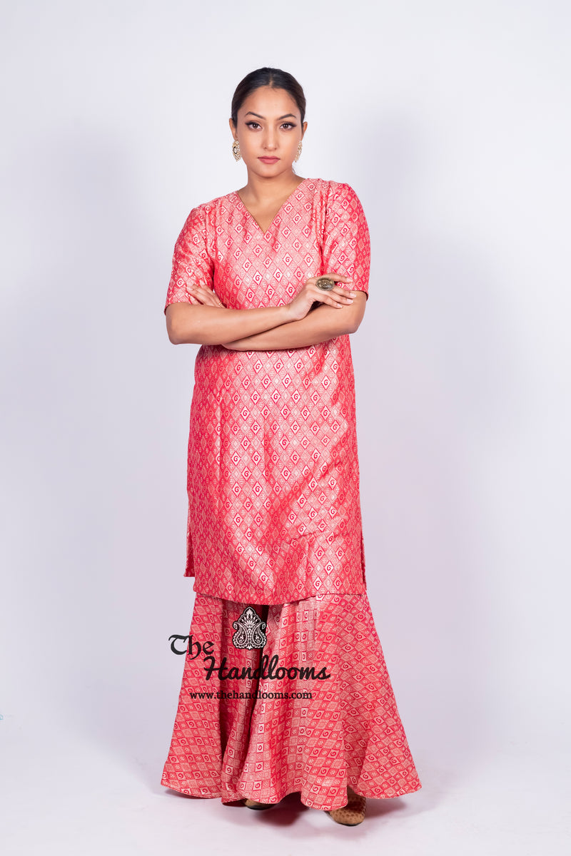 Hot Pink Pure Khaddi Georgette Brocade Kurta with Sharara - The Handlooms