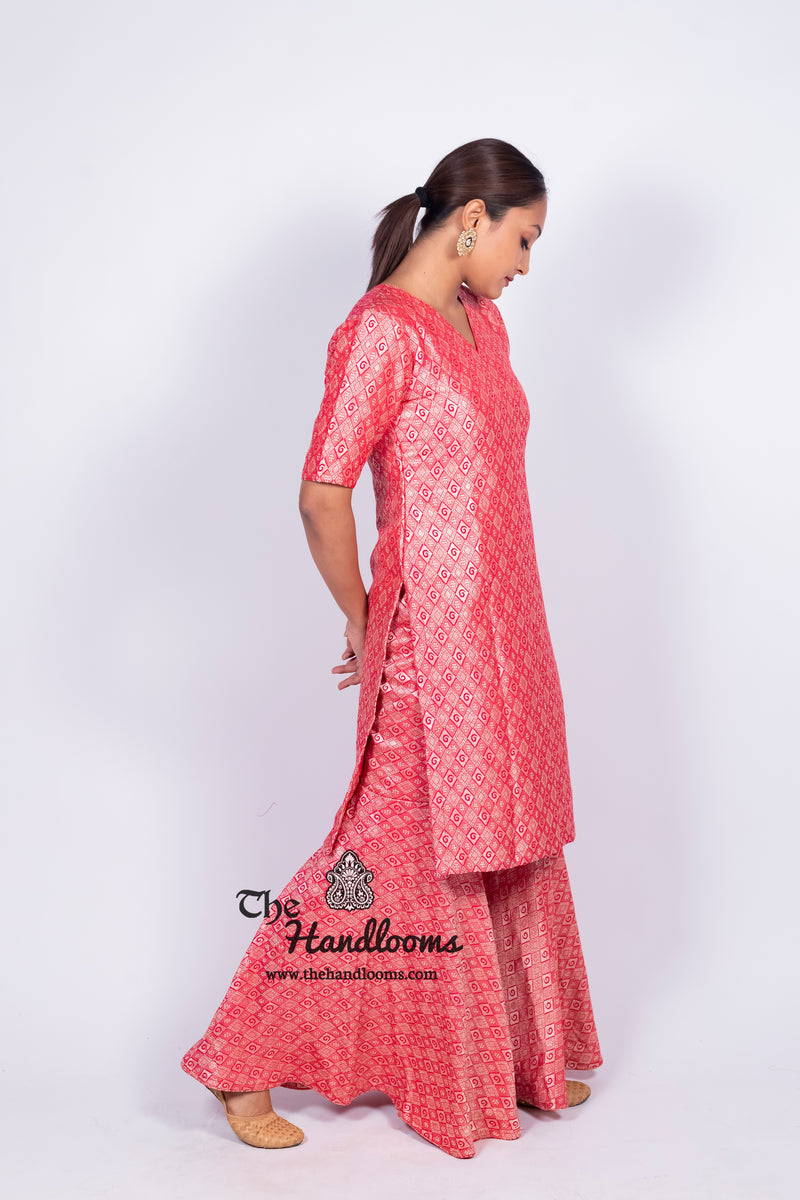 Hot Pink Pure Khaddi Georgette Brocade Kurta with Sharara - The Handlooms