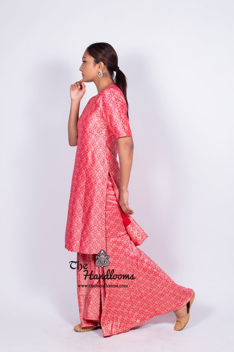 Hot Pink Pure Khaddi Georgette Brocade Kurta with Sharara - The Handlooms