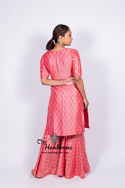 Hot Pink Pure Khaddi Georgette Brocade Kurta with Sharara - The Handlooms