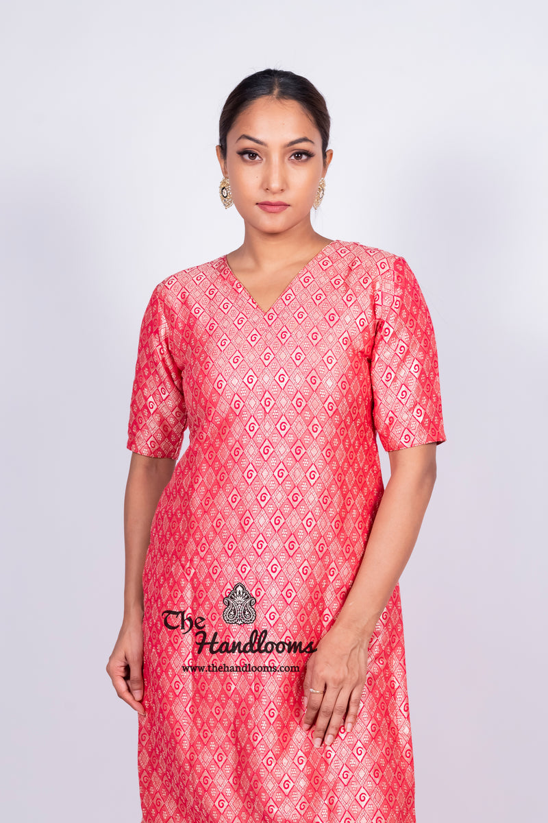 Hot Pink Pure Khaddi Georgette Brocade Kurta with Sharara - The Handlooms