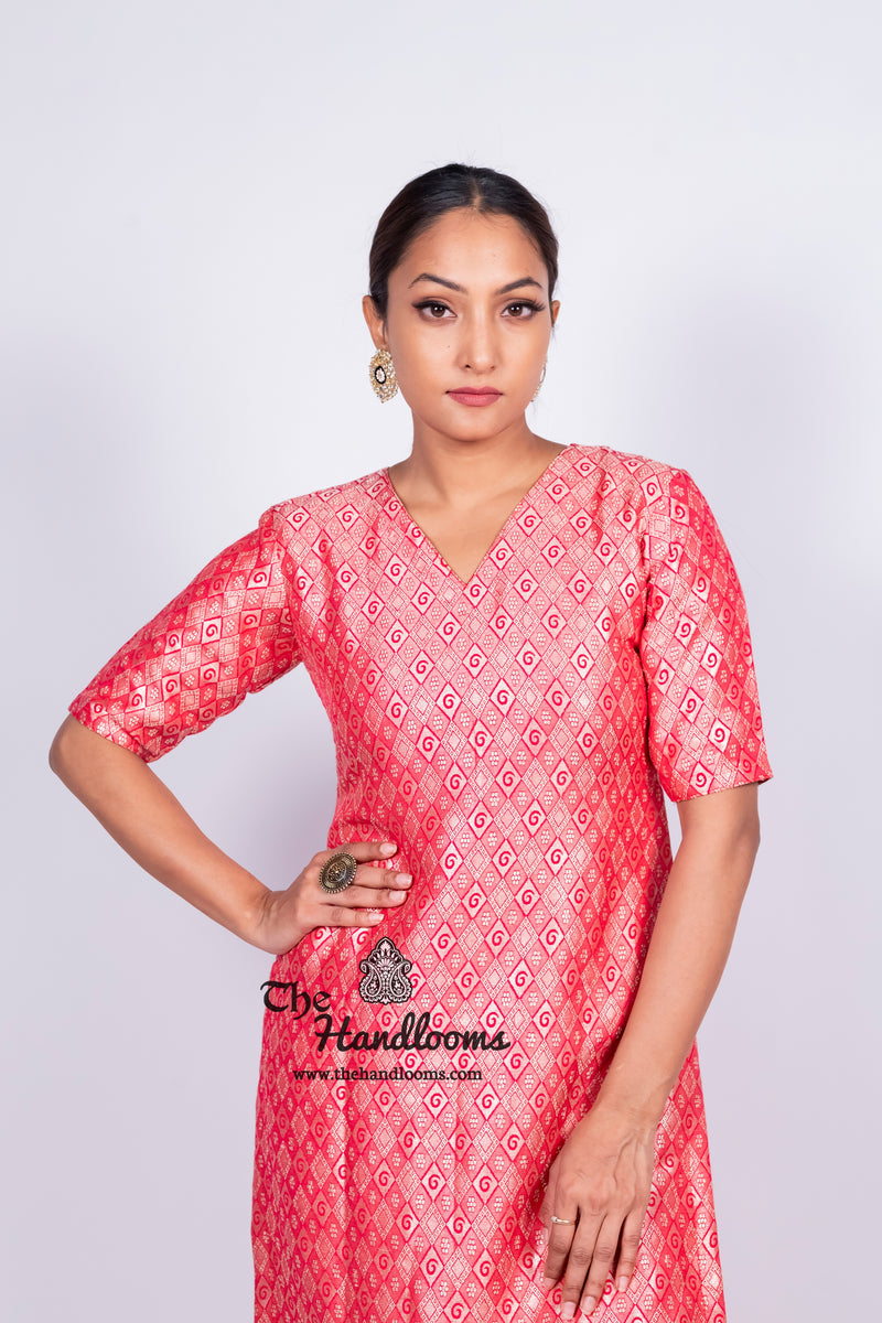 Hot Pink Pure Khaddi Georgette Brocade Kurta with Sharara - The Handlooms