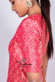 Hot Pink Pure Khaddi Georgette Brocade Kurta with Sharara - The Handlooms
