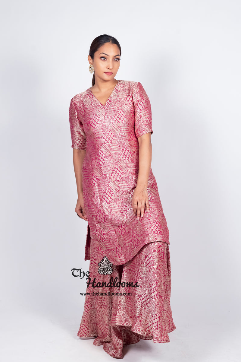 Magenta Pure Khaddi Georgette Brocade Kurta with Sharara - The Handlooms