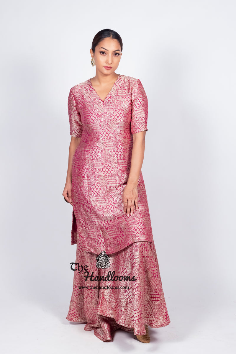 Magenta Pure Khaddi Georgette Brocade Kurta with Sharara - The Handlooms