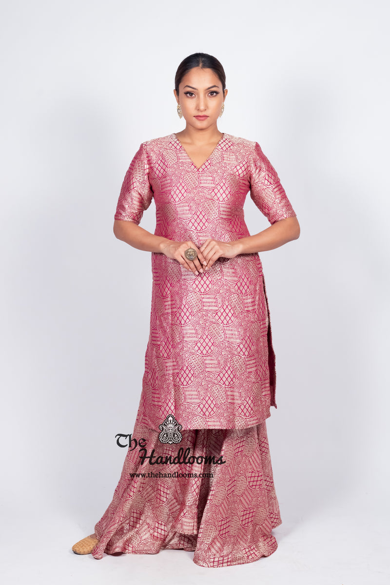 Magenta Pure Khaddi Georgette Brocade Kurta with Sharara - The Handlooms
