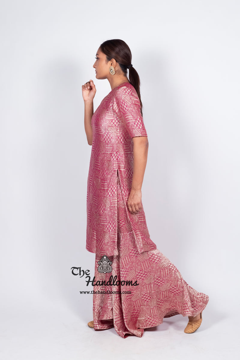 Magenta Pure Khaddi Georgette Brocade Kurta with Sharara - The Handlooms