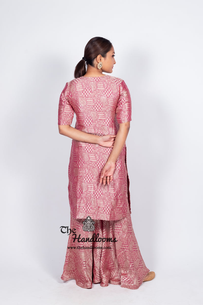 Magenta Pure Khaddi Georgette Brocade Kurta with Sharara - The Handlooms