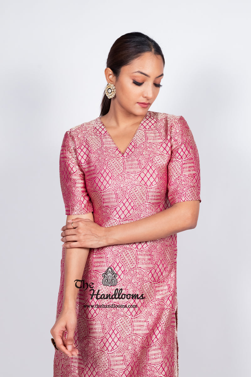 Magenta Pure Khaddi Georgette Brocade Kurta with Sharara - The Handlooms