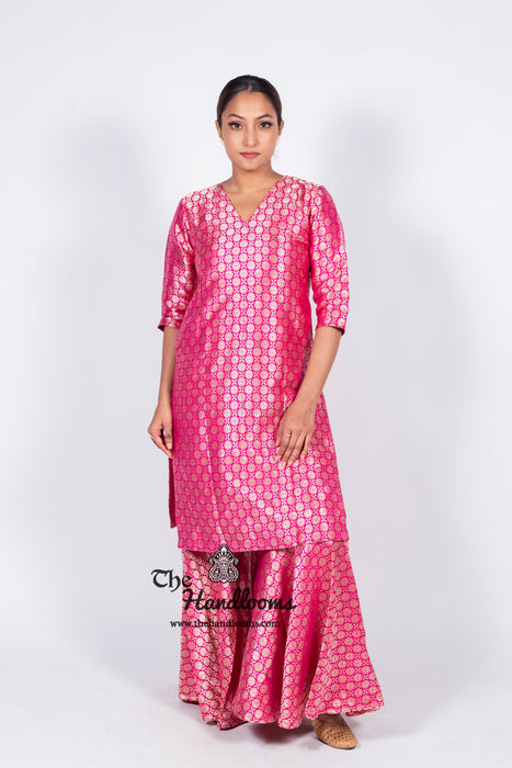 Hot Pink Pure Katan Silk Brocade Kurta with Sharara