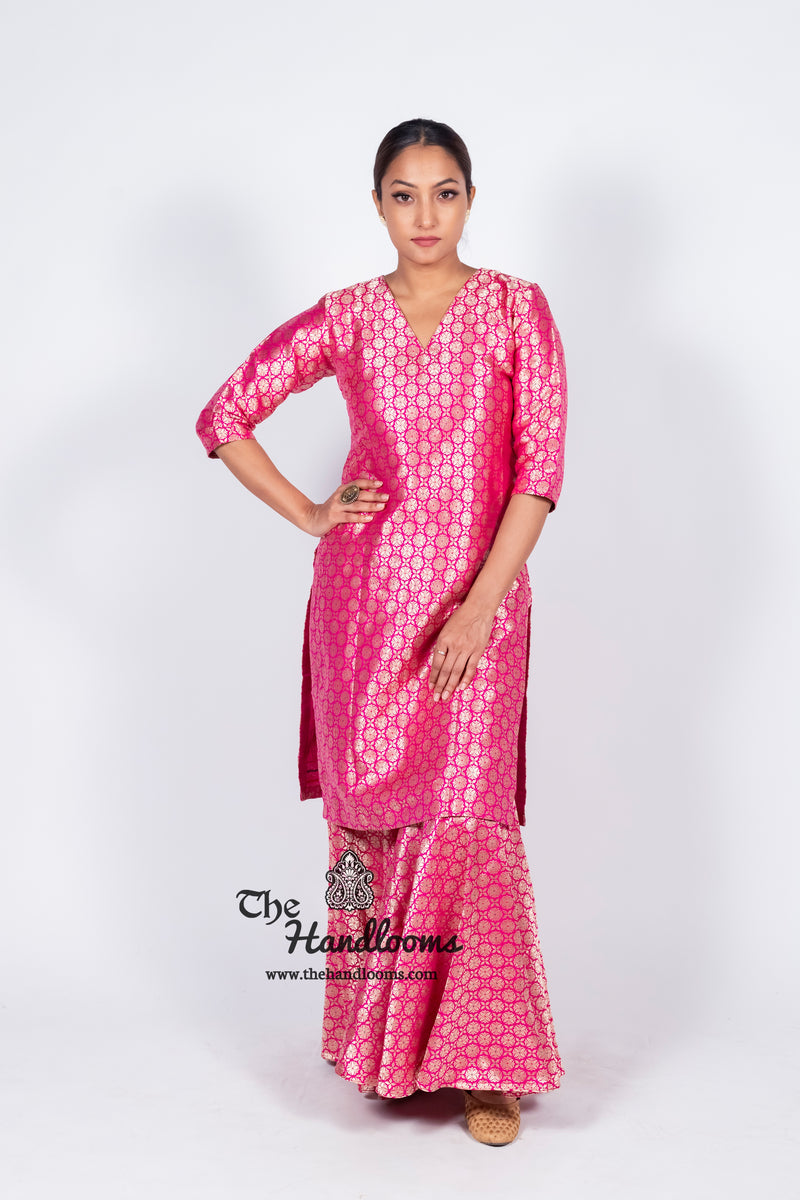 Hot Pink Pure Katan Silk Brocade Kurta with Sharara - The Handlooms