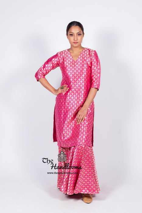 Hot Pink Pure Katan Silk Brocade Kurta with Sharara