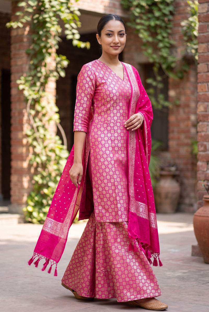 Hot Pink Pure Katan Silk Brocade Kurta with Sharara