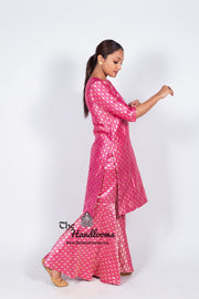 Hot Pink Pure Katan Silk Brocade Kurta with Sharara - The Handlooms
