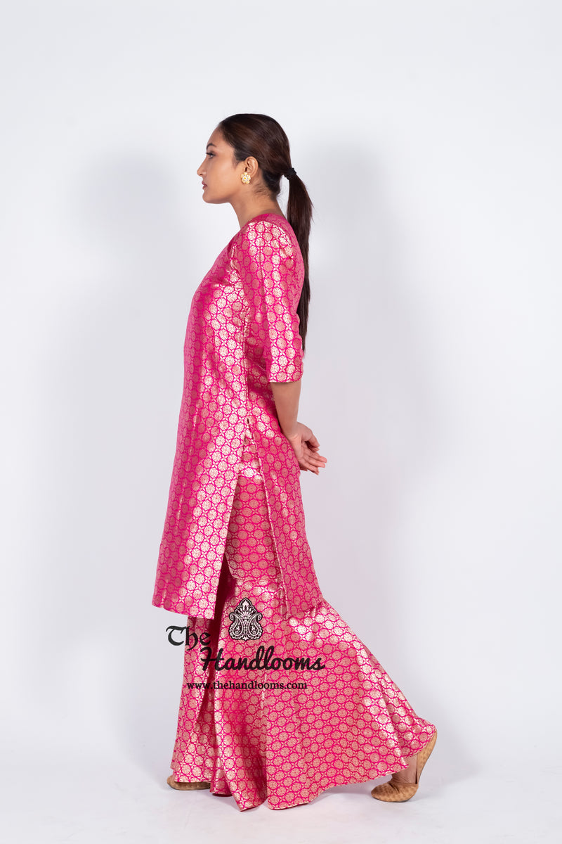 Hot Pink Pure Katan Silk Brocade Kurta with Sharara - The Handlooms
