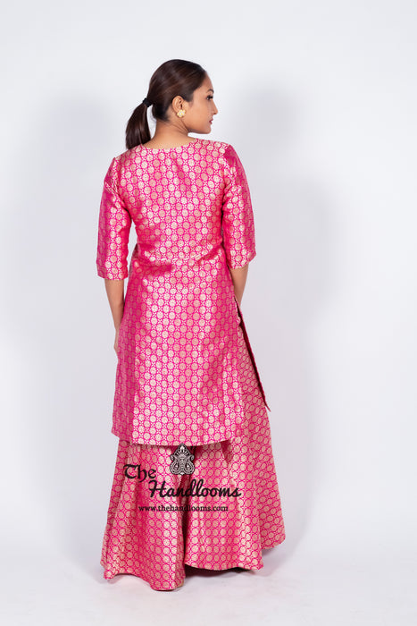 Hot Pink Pure Katan Silk Brocade Kurta with Sharara