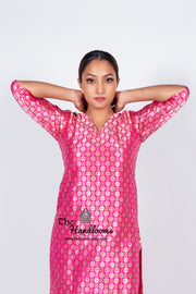 Hot Pink Pure Katan Silk Brocade Kurta with Sharara - The Handlooms
