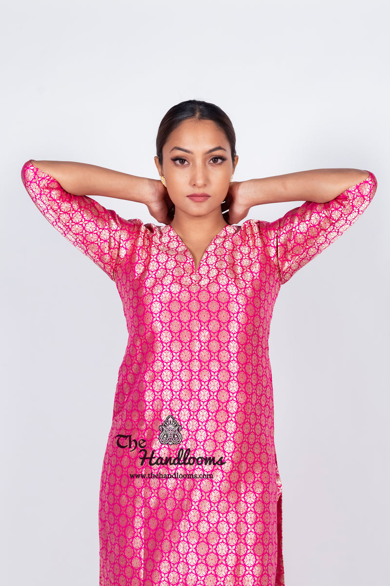 Hot Pink Pure Katan Silk Brocade Kurta with Sharara - The Handlooms