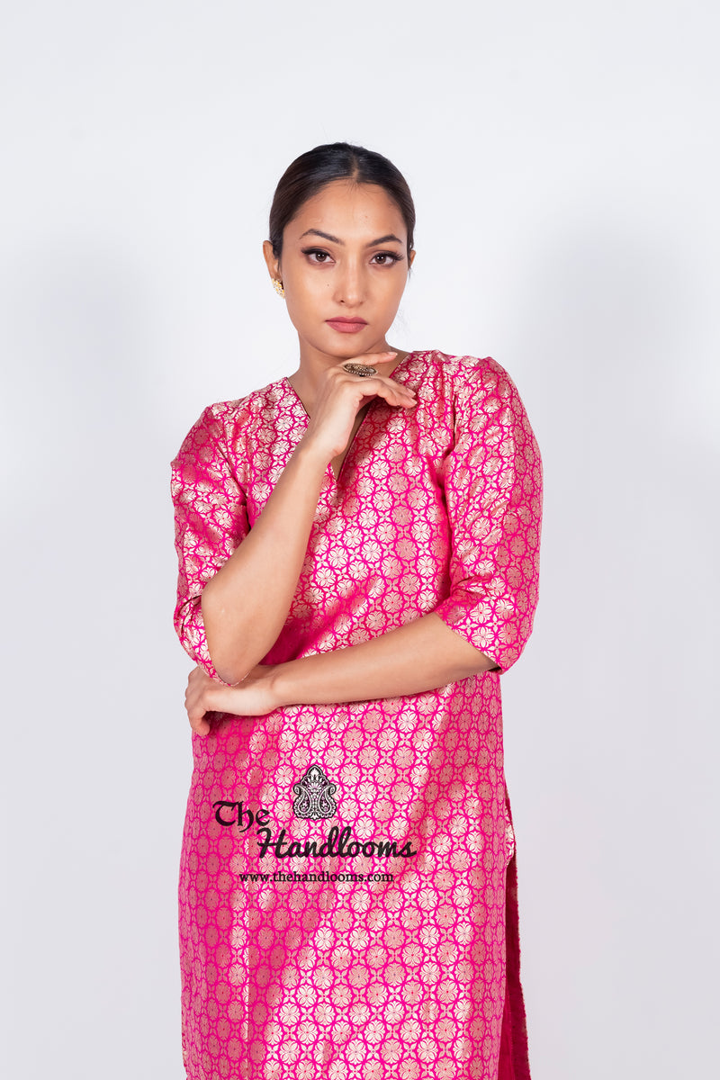 Hot Pink Pure Katan Silk Brocade Kurta with Sharara - The Handlooms